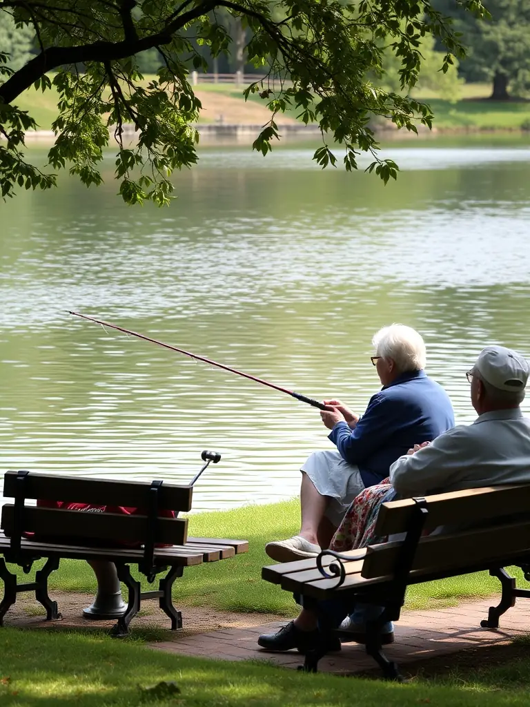 A serene image of a group of senior citizens fishing peacefully at the edge of the Vignes Pond, enjoying the tranquility and camaraderie.