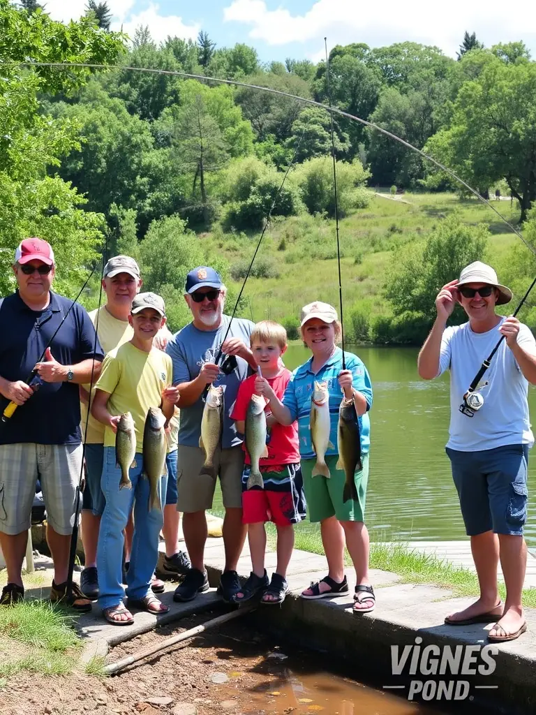 A photo of a fishing competition at the Vignes Pond, with anglers of all ages participating and showcasing their catches.