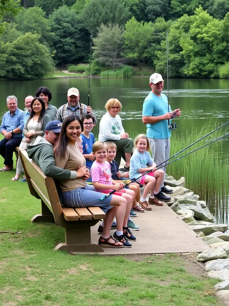 A picture of a diverse group of people fishing at the Vignes Pond, illustrating the association's efforts to promote inclusive and accessible recreational fishing opportunities for all community members.