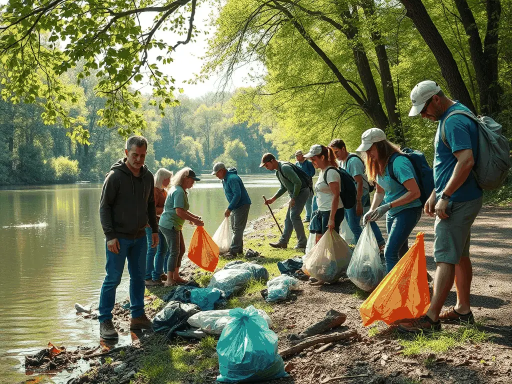 A photograph of volunteers cleaning up the area around the Vignes Pond, collecting litter and debris to maintain the natural beauty of the site.