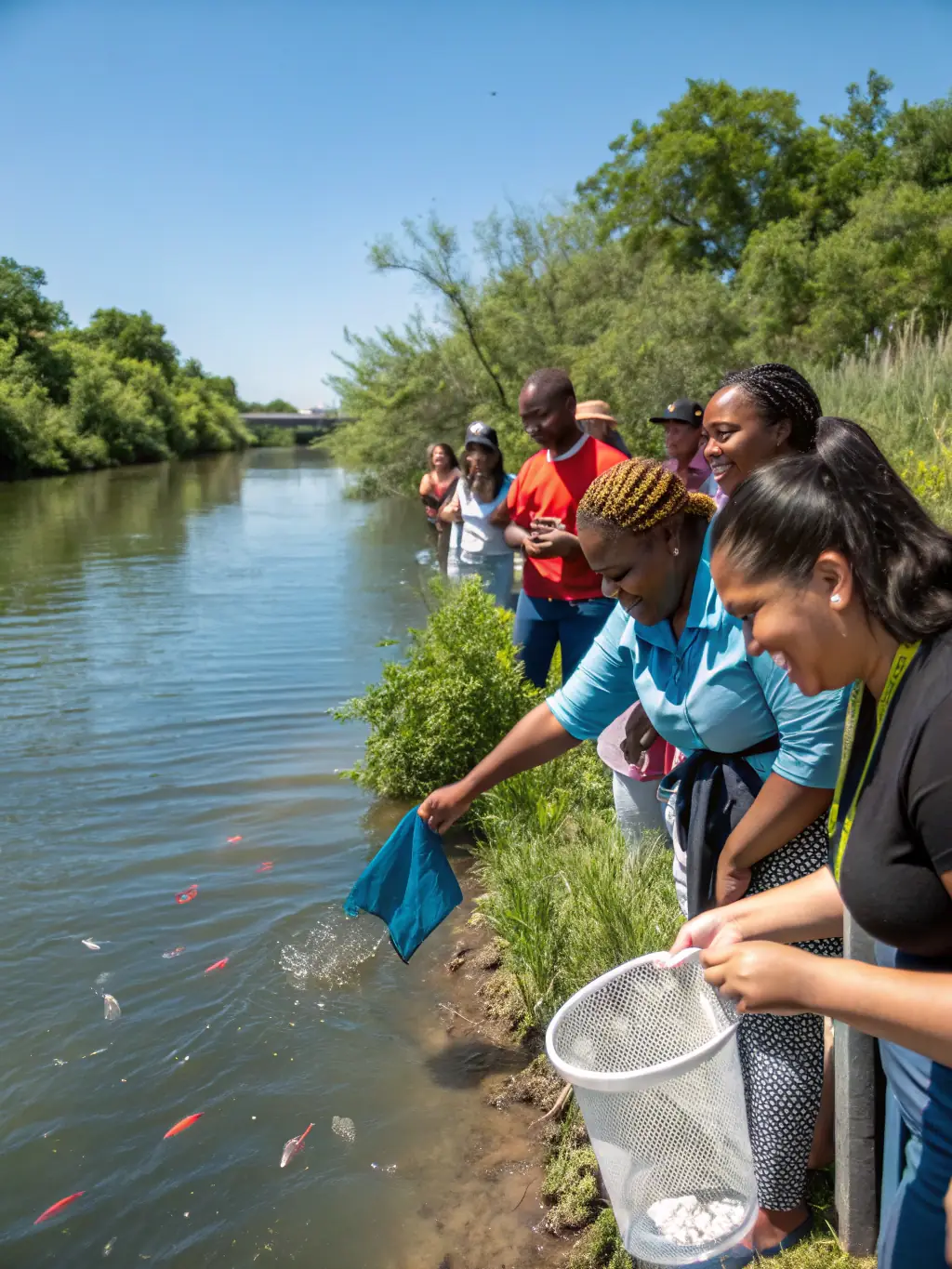 A photo of association members stocking the Vignes Pond with fish, highlighting the association's active role in managing and enhancing the pond's fish population for sustainable recreational fishing.