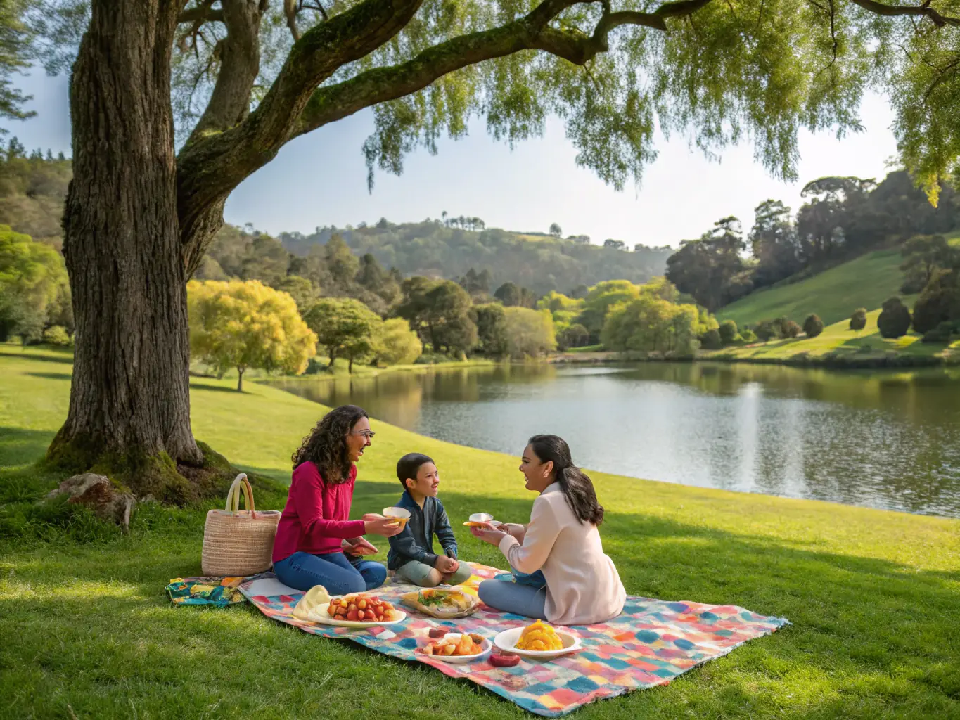 A family enjoying a picnic by the Vignes Pond, with fishing rods nearby, showcasing the recreational and community aspects of the association.