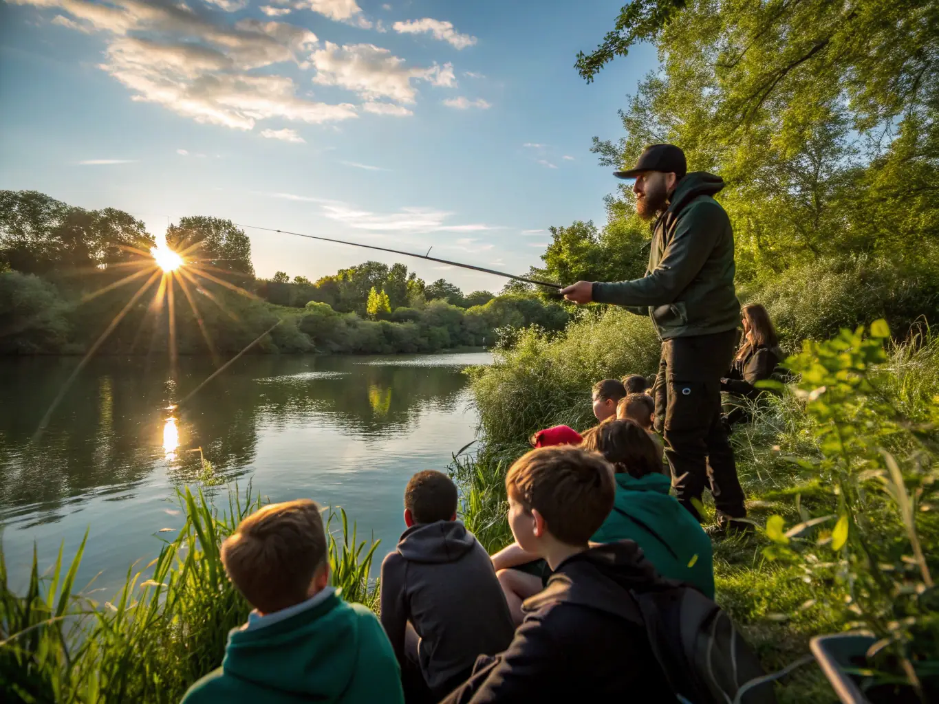 A group of people participating in a fishing workshop at the edge of the Vignes Pond, learning about sustainable fishing techniques from an expert.