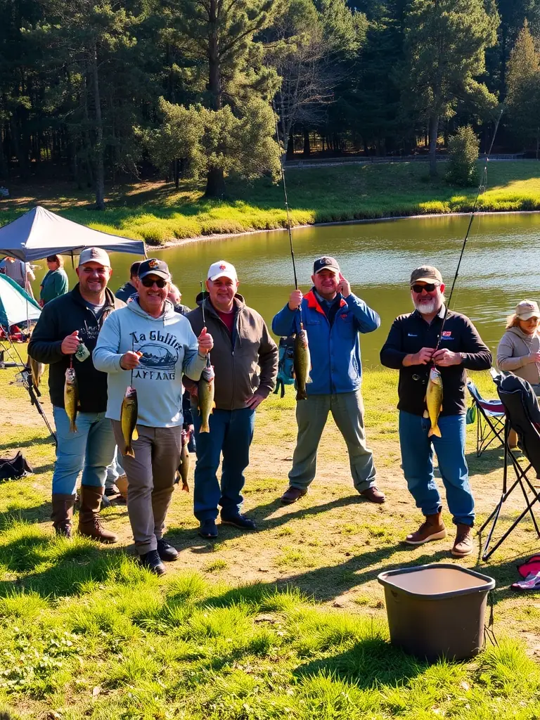 A group of people participating in a fishing competition at the Vignes Pond, showcasing the excitement and camaraderie of the event.