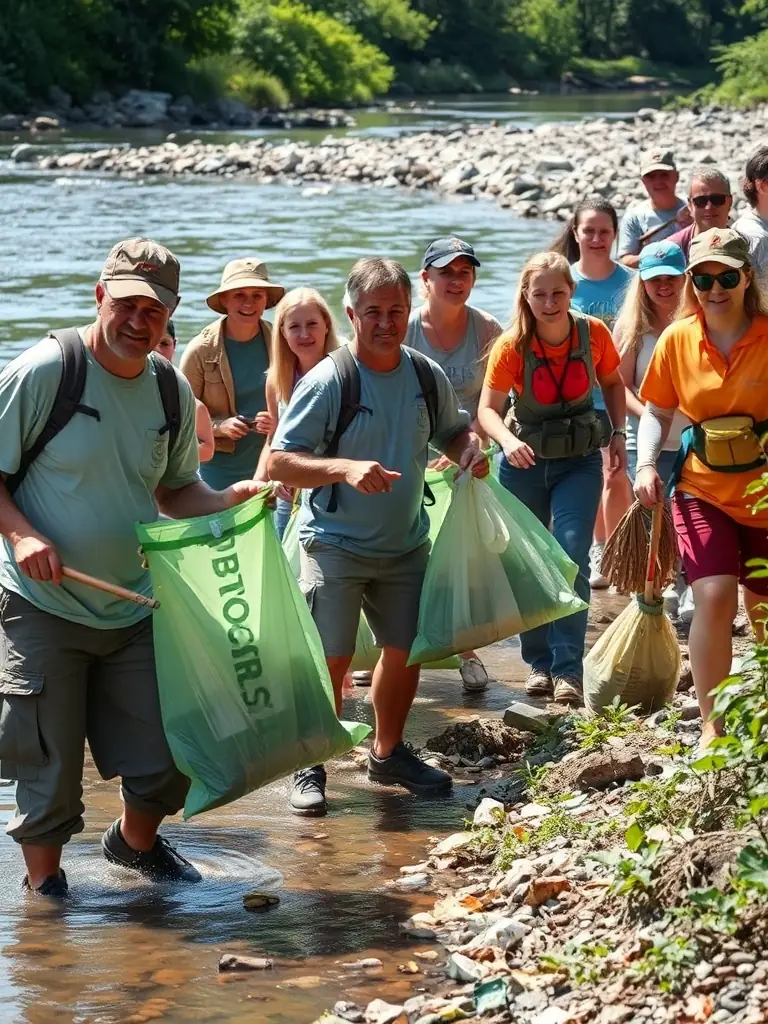 A picture of volunteers cleaning up the area around the Vignes Pond, collecting litter and maintaining the natural beauty of the environment.