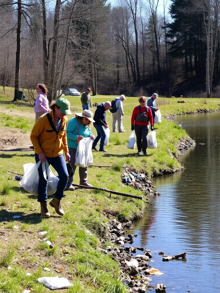 An image showcasing volunteers cleaning up the area around the Vignes Pond, emphasizing the association's dedication to environmental preservation and maintaining a clean recreational space.