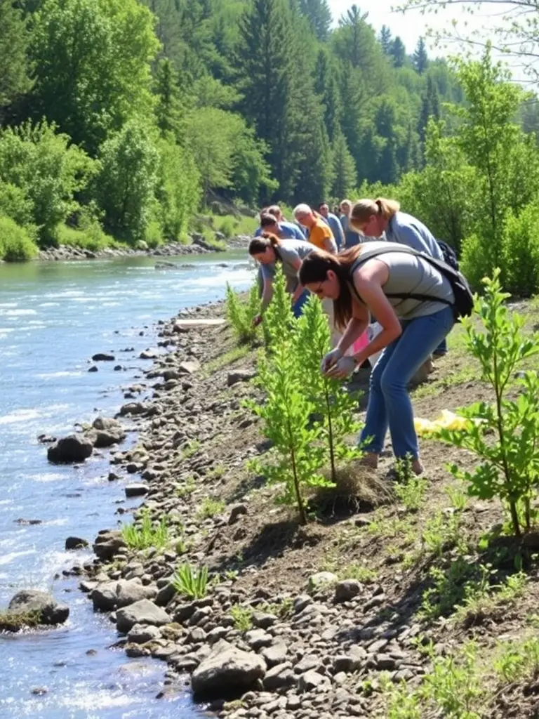 Volunteers planting trees around the Vignes Pond, illustrating the association's commitment to environmental conservation and habitat restoration.