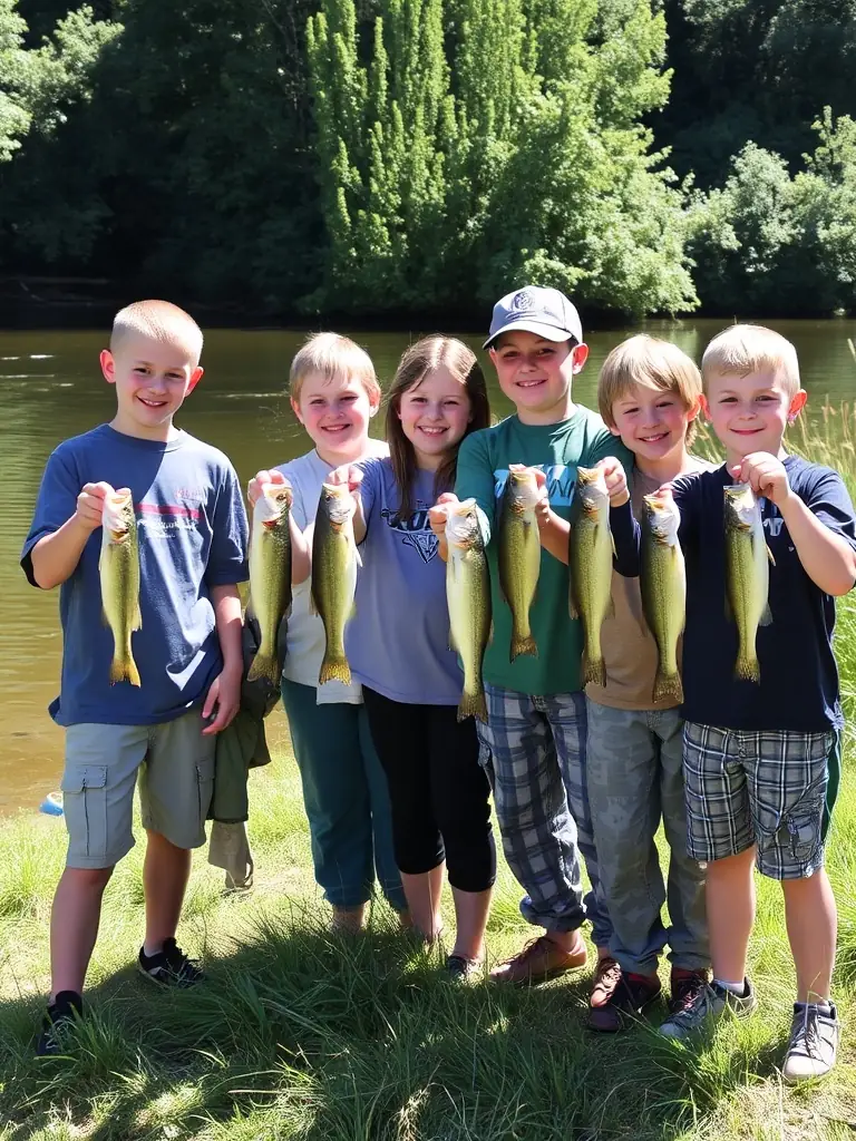 A photograph of children participating in a supervised fishing initiation workshop at the Vignes Pond, smiling and holding small fish they've caught, with instructors nearby.